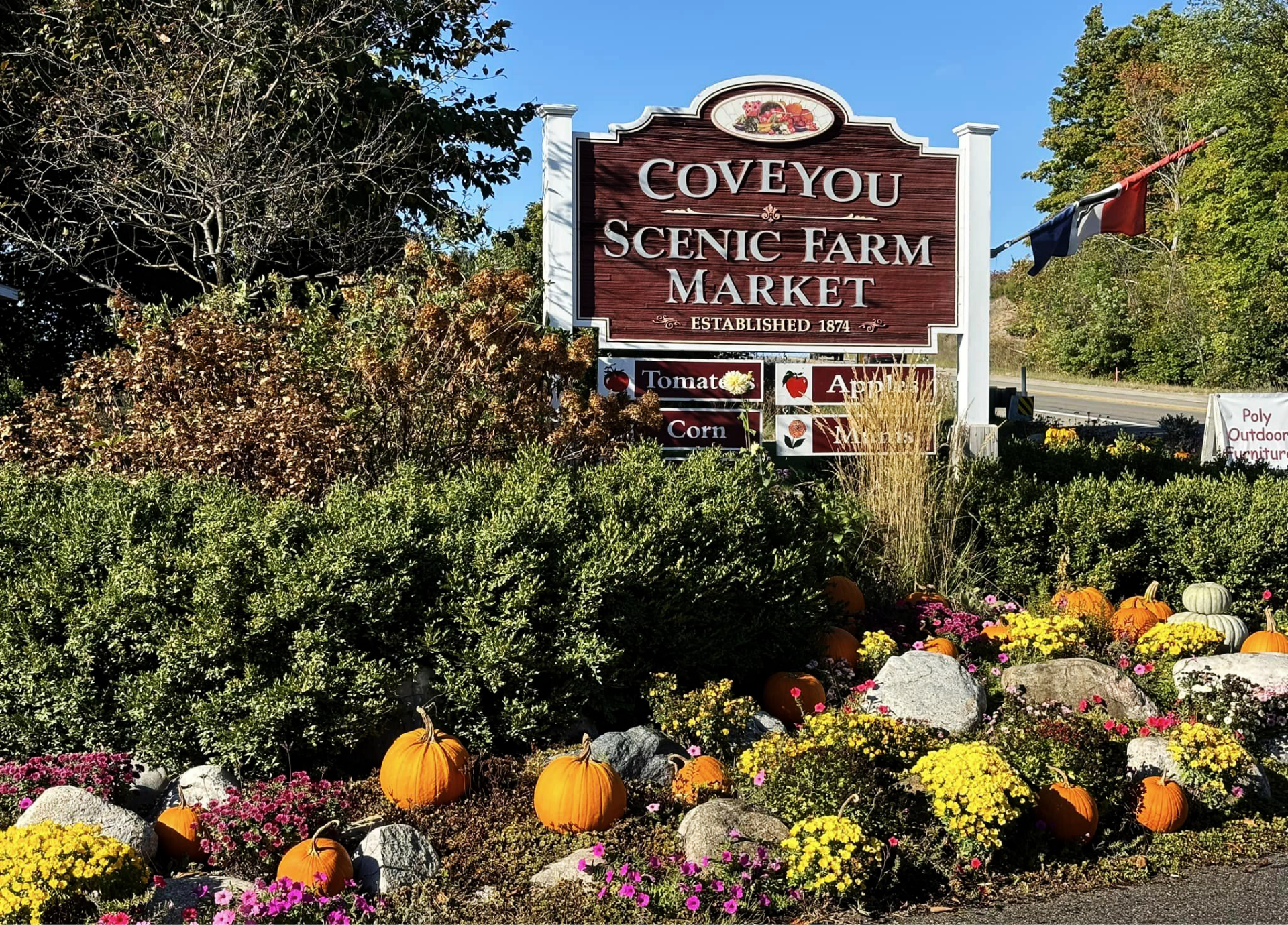 461976702_122111350604528389_4691357697309168471_n Coveyou Scenic Farm Market wooden sign surrounded by autumn pumpkins, colorful flowers, rocks, and green bushes along a roadside in Northern Michigan, representing local farms and seasonal attractions.